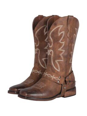 Wide Calf Square Toe Cowboy Boots Faux Leather Detachable Buckle Strap